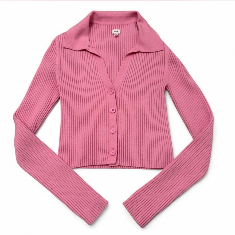 3/$20 Aerie Gotta Jet Pink Ribbed Cardigan Sweater Womens Medium Preppy Coquette